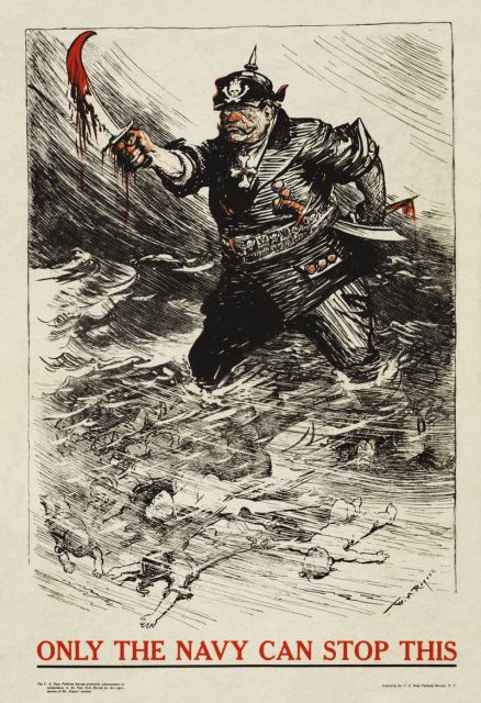 A WWI Recruitment poster, using a New York Herald cartoon by W.A. Rogers. Shows an anthropomorphised Germany wading through a sea of dead bodies, with the slogan “Only the Navy can Stop This”.