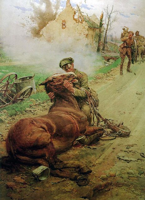 Goodbye Old Man, a British gunner leaves his dying horse: Fortunino Matania