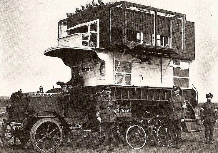 A B-type bus from London converted into a pigeon loft for use in northern France and Belgium during the First World War