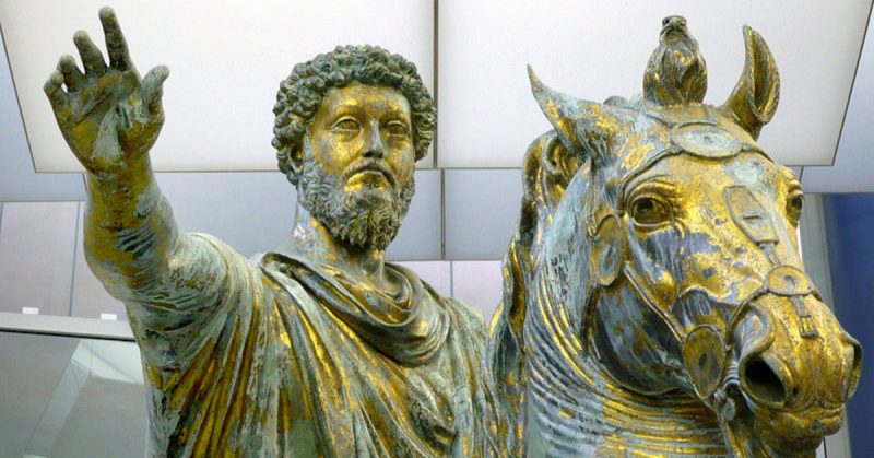 A close up view of the Equestrian statue of Marcus Aurelius in the Capitoline Museums
