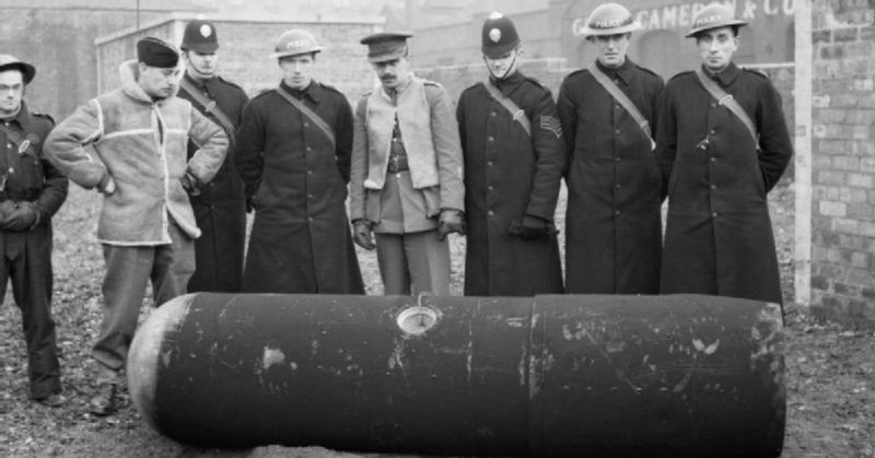 A defused German parachute mine in Glasgow, 18 March 1941.