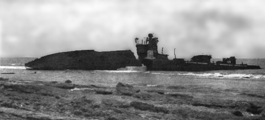 A destroyed Japanese patrol boat (#33) on Wake.
