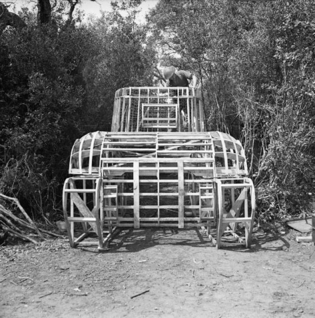 A dummy Sherman tank under construction by 6 Field Park Company, Royal Engineers, in the Anzio bridgehead, 29 April 1944.