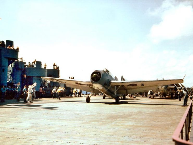 A Grumman TBF Avenger aboard USS Yorktown, c. late 1943