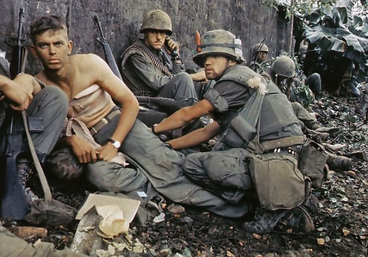 A marine gets his wounds treated during operations in Huế City, in 1968