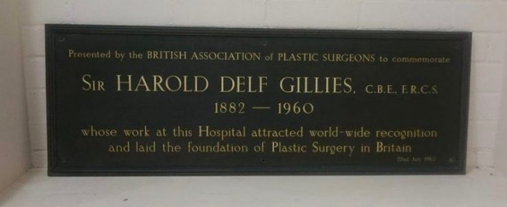 A plaque commemorating Sir Harold Gillies’ contribution to Plastic Surgery.                                  Photo: Energhelz CC BY-SA 4.0