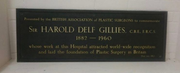 A plaque commemorating Sir Harold Gillies’ contribution to Plastic Surgery. Photo: Energhelz CC BY-SA 4.0