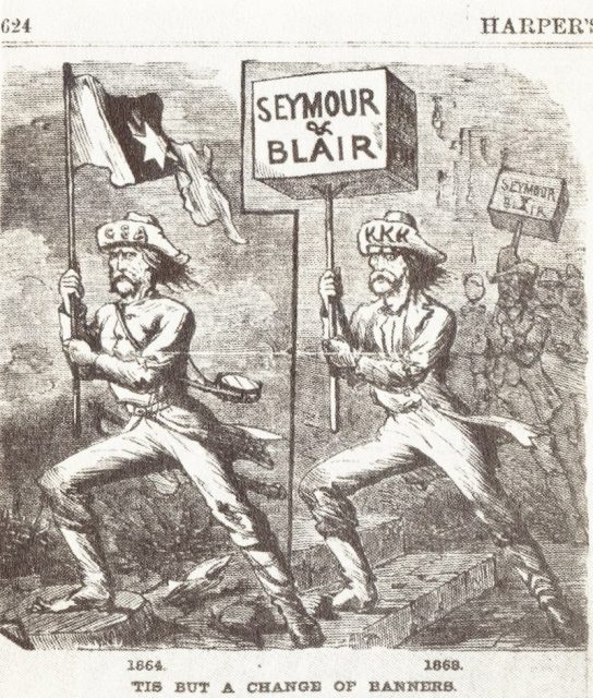 A political cartoon depicting the KKK and the Democratic Party as continuations of the Confederacy