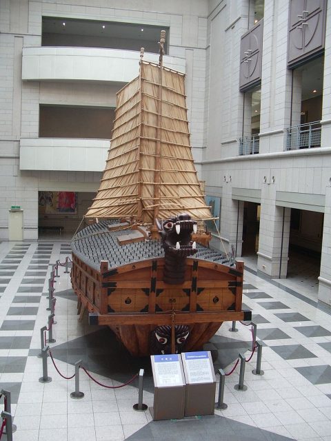 A turtle ship. While the spikes are known to have been made of iron, the historical existence of the ironclad roof is disputed.
