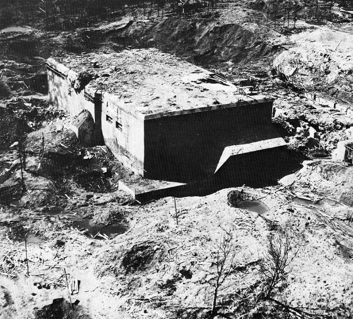 Aerial view of the bunker at Watten, France (now known as Le Blockhaus). 1944 or 1945.