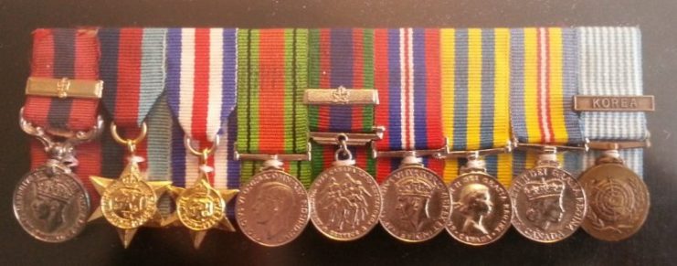 Léo Major’s medals.(L to R): Distinguished Conduct Medal (DCM) with barette Star 1939-1945 Star France and Germany Defense Medal Volunteer Service Medal War Medal 39-45 Korea Medal Volunteer Service Medal for Korea Medal of Nations united for Korea