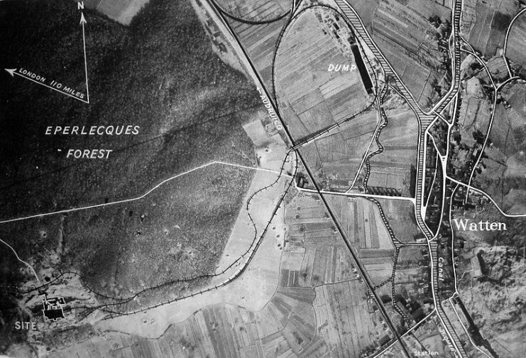 Annotated aerial view of the V-2 launch site near Watten, France