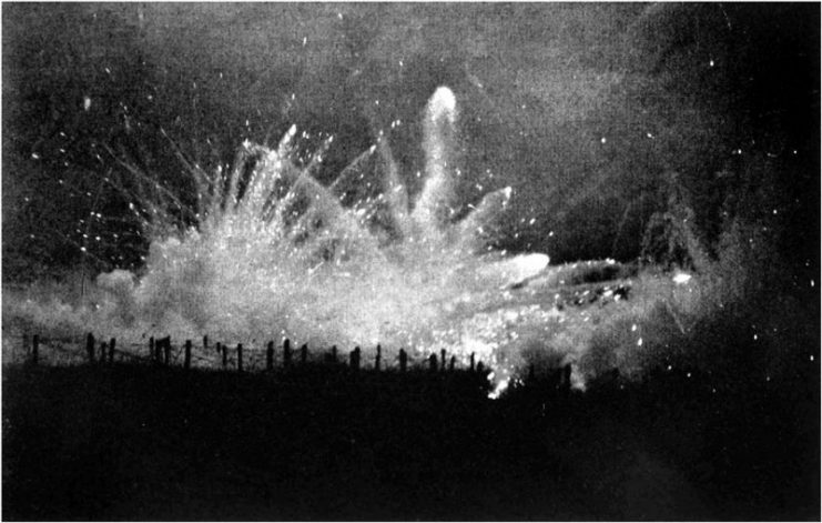 Artillery barrage on Allied trenches at Ypres. The Germans began an artillery bombardment of the forward slope of Frezenberg ridge on 8 July.