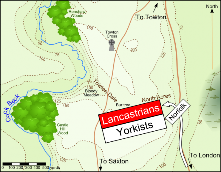 At the crucial moment, Norfolk’s troops arrived, helping the Yorkists (white) overcome the Lancastrians (red).