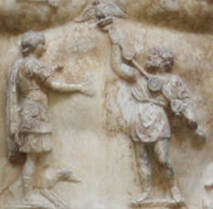 A close-up view of the breastplate on the statue of Augustus of Prima Porta, showing a Parthian man returning to Augustus the legionary standards lost by Marcus Licinius Crassus at Carrhae