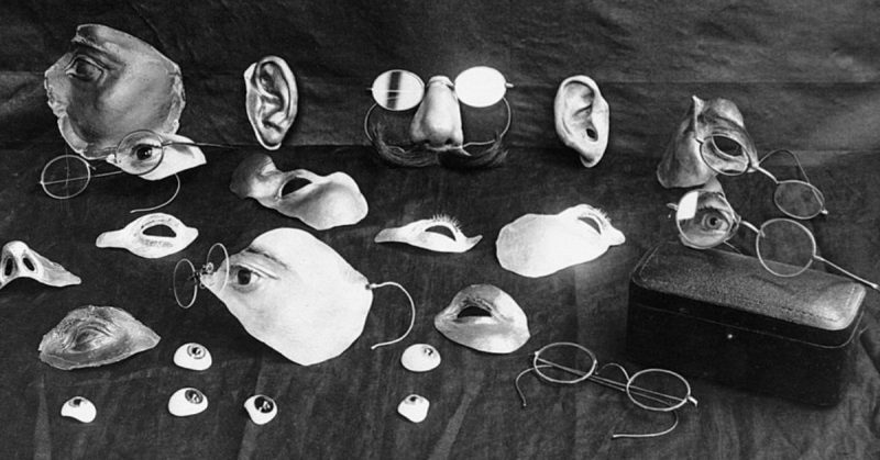 A selection of items used to conceal facial injuries during the early development of plastic surgery, 3rd London General Hospital.