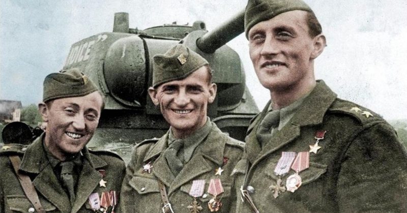 The three Czechoslovak Heroes of the Soviet Union: (from left) Antonín Sochor, Josef Buršík and Richard Tesařík