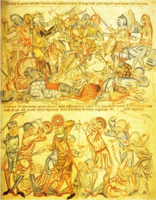 An early 14th-century English depiction of a biblical battle, giving an impression of how soldiers were equipped at Bannockburn