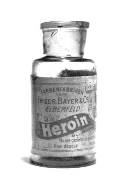 Bayer heroin bottle, originally containing 5 grams of Heroin substance. The label on the back references the 1924 US ban, and has a batch number stamp starting with 27, so it probably dates from the 1920’s.