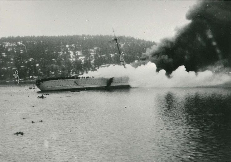 Blücher on fire and sinking in Drøbak Sound
