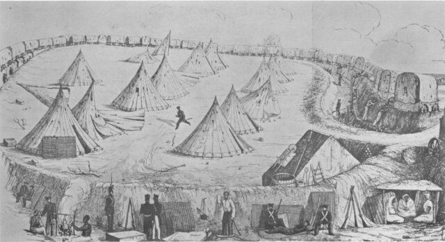 British camp at Port Natal during the siege of Voortrekkers under the command of Andries Pretorius.