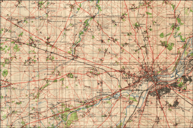 Three different basemaps showing the area of Caen. 1:50,000 GSGS, 1:100,000 GSGS and Satellite imagery.