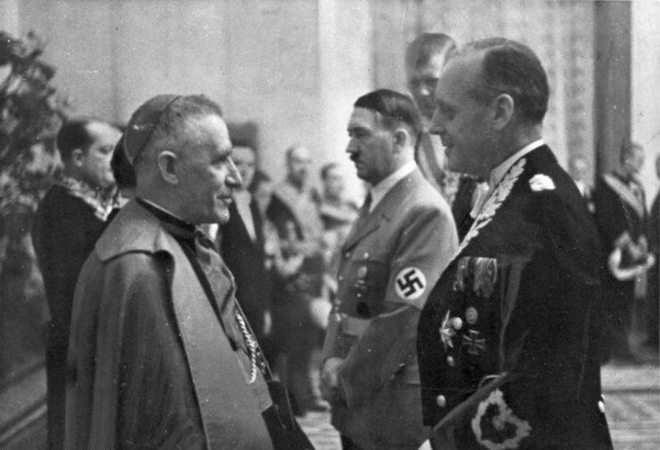 Cesare Orsenigo (left, with Hitler and von Ribbentrop), nuncio to Germany, also served as de facto nuncio to Poland.Photo: Bundesarchiv, Bild 183-H26878 / CC-BY-SA 3.0