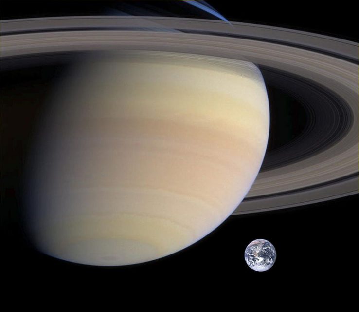 Composite image comparing the sizes of Saturn and Earth