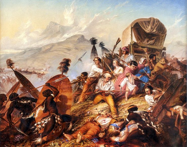 Depiction of a Zulu attack on a Boer camp in February 1838. The Weenen Massacre was the massacre of Voortrekkers by the Zulu on 17 February 1838.