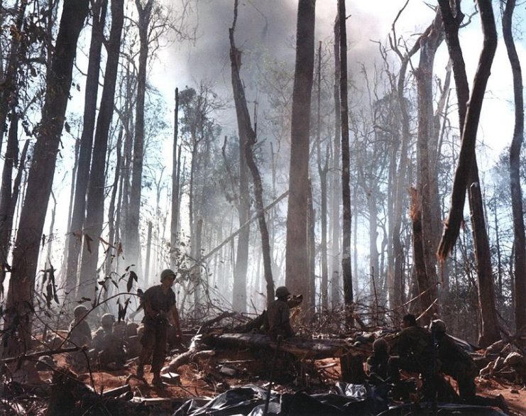 Destroying enemy bunkers after assault on Hill 875, 2nd Bn., 173rd Abn. Bde., Vietnam, 1967.