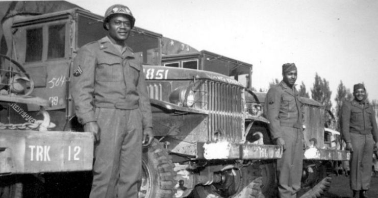 Drivers of the 666th Quartermaster Truck Company, 82nd Airborne Division, who chalked up 20,000 miles each without an accident, since arriving in the European Theater of Operations.