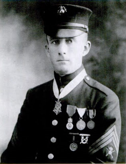 Gunnery Sergeant Ernest A. Janson – awarded the Army and Navy Medals of Honor in WWI. Here, Janson wears the Army Medal of Honor around his neck, the French Médaille militaire, the Montenegrin Medal for Military Bravery and the Nicaraguan Campaign Medal in the top row.