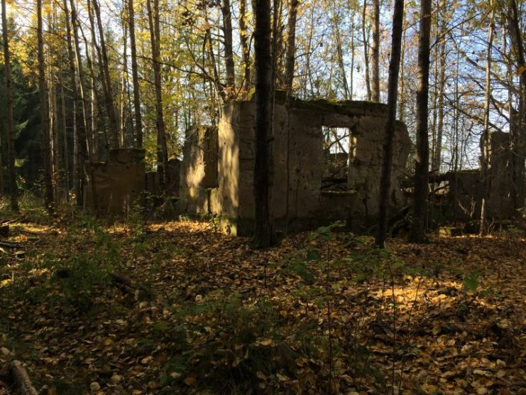 Small arms fire on the outer wall of a former Latvian farmhouse. Abandoned after the battles had ended. Picture: Jonny Bay, 2018.