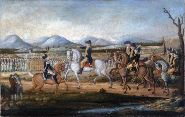 George Washington reviews the troops near Fort Cumberland, Maryland, before their march to suppress the Whiskey Rebellion in western Pennsylvania.