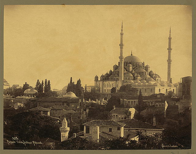 Historical photo of Fatih Mosque, built by order of Sultan Mehmed II in Constantinople, the first imperial mosque built in the city after the Ottoman conquest.