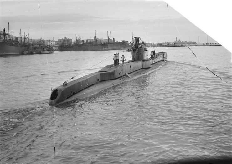 HMS TRIDENT leaving harbor for a long patrol of the Mediterranean.