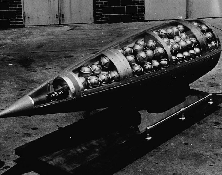 Honest John warhead cutaway, showing M139 sarin bomblets (photo c. 1960)