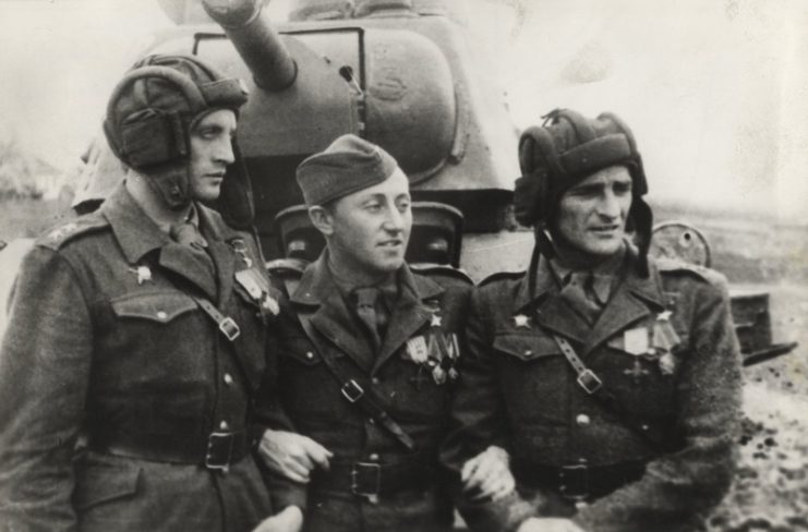 The three Czechoslovak Heroes of the Soviet Union: (from left) Richard Tesařík, Antonín Sochor, and Josef Buršík.