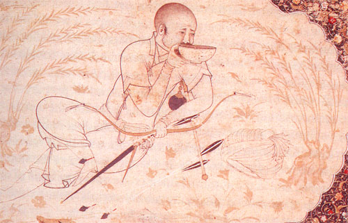 Hulagu Khan with the older composite bow used during the time of the Mongol conquest. It is smaller in size and has no string bridges