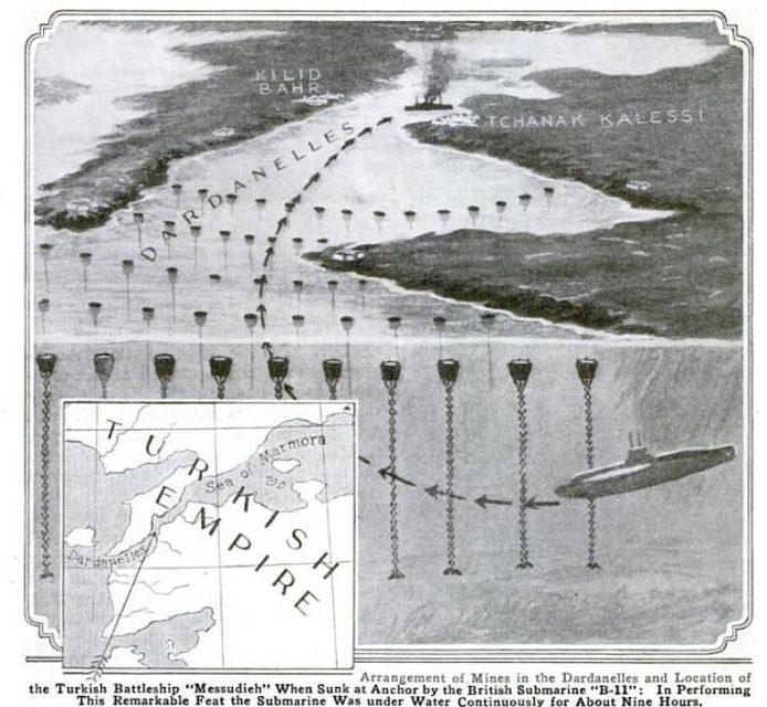 Illustration of the Dardanelles raid leading to the sinking of Mesudiye