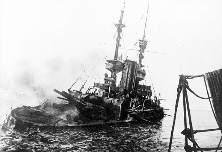 Irresistible listing and sinking in the Dardanelles, 18 March 1915. Photograph taken from the battleship Lord Nelson