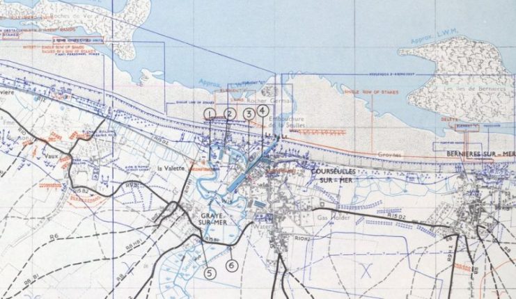 The Defences of Juno Beach. This 1:25,000 scale map shows the landing area of 3rd Canadian Infantry Division, and the intense machine guns, anti tank positions, bunkers and trenches the Canadians had to fight through.