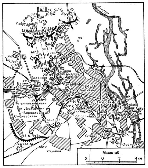 Plan of the Czechoslovak advance for the Battle of Kiev. In reality, after capturing the Main Railway Station, Czechoslovaks were ordered to advance east straight to the old town and the Dnieper River