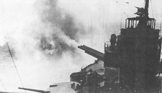 The battleship Pennsylvania bombards Attu during landing operations on 11 May 1943.