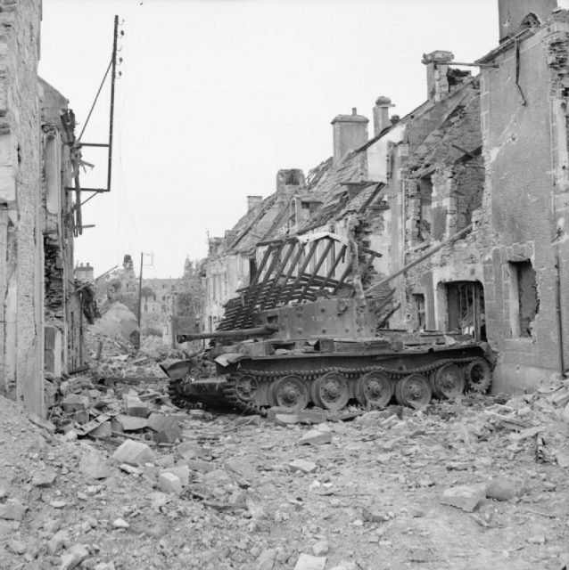 Knocked-out Cromwell observation post tank in Villers-Bocage, 5 August 1944.