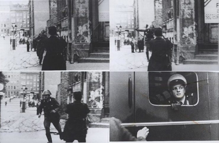 Late August 1961. East German guard Conrad Schumann jumps to freedom in West Berlin. From the booklet “A City Torn Apart: Building of the Berlin Wall.”