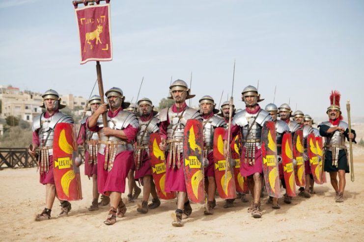 Legion VI Ferrata, the ”Ironclads” march forward in preparation to fight, in the arena as part of a performance