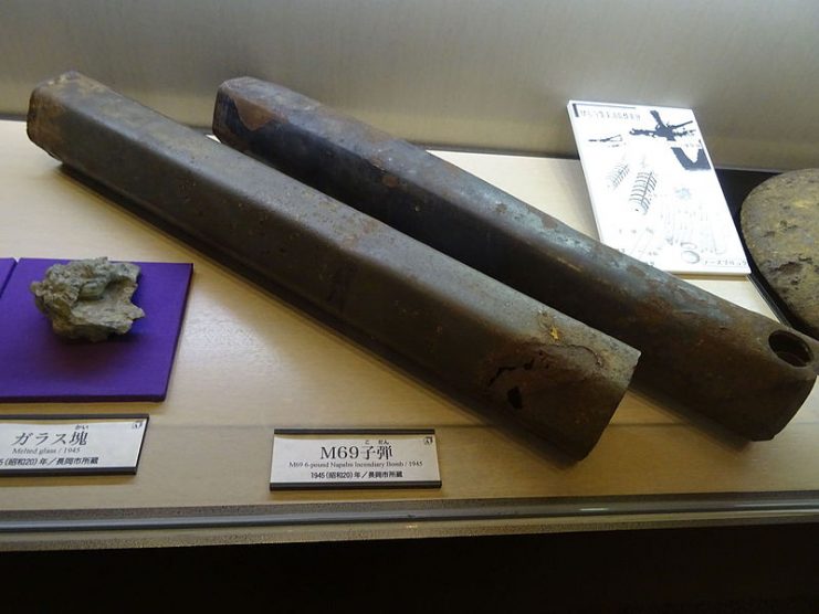 M69 napalm incendiary bomb, that were used in bombing of Nagaoka in 1945. Exhibit at Niigata Prefectural Museum of History.Photo: inazakira CC BY-SA 2.0