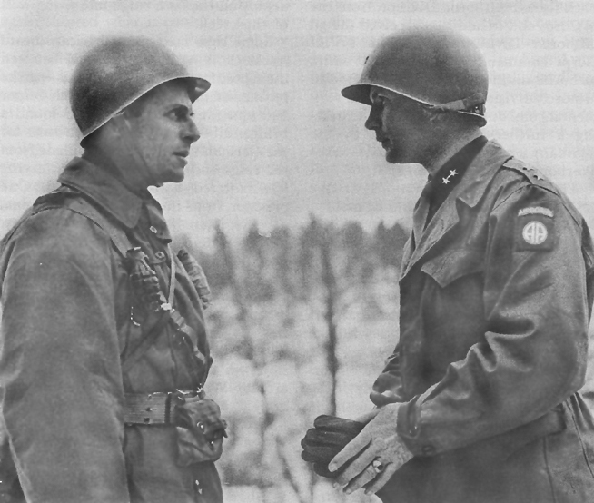 Major General Matthew Ridgway and Major General James M. Gavin during the Battle of the Bulge, December 19, 1944