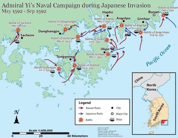 Map of Admiral Yi Sun-Sin’s Naval Campaigns – 1592
